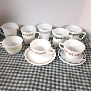 Milk glass mugs, variety of Corelle patterns style